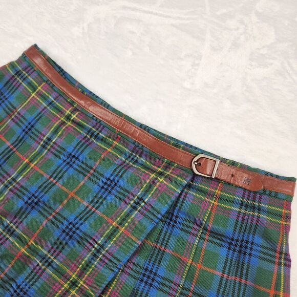 VTG Ralph Lauren Wool Tartan Plaid Pleated Belted Wrap Mini Skirt Sz 10 - Picture 4 of 13